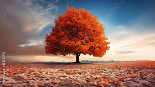 Fallen orange leaves on the ground under a colorful tree in autumn season