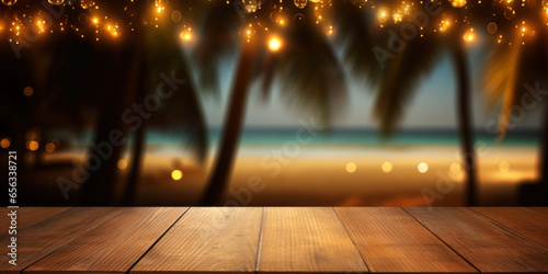 Wooden table and lights on the beach