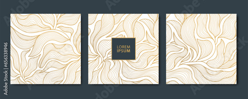 Vector set of leaves luxury golden square cards, post templates for social net, botanical modern, art deco wallpaper background. Pattern, texture for print, fabric, package design.