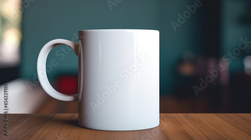 A white mug with space for text stands on the table or logo