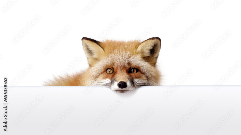 Obraz premium Cute red fox peeking out from behind a white table with copy space, isolated on white background.