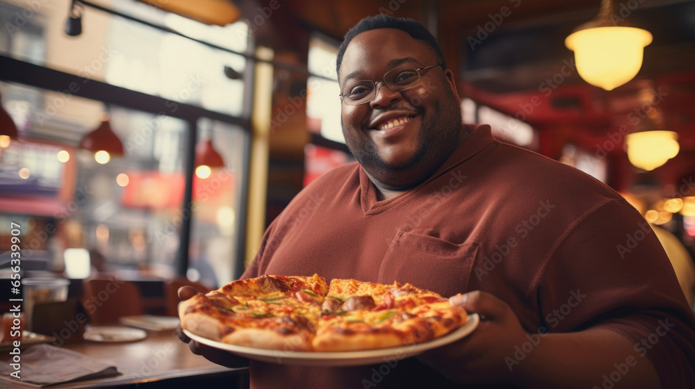 Fat happy man in restaurant or cafe with pizza