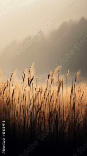 vertical background autumn dry grass in the morning fog, valley in the sun landscape