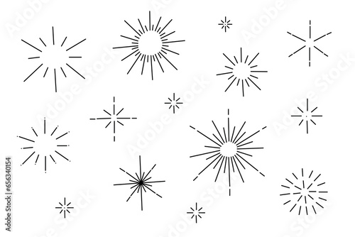 Clipart set of cute minimalistic sun flares. Doodle hand drawn minimalist designs of glare, star and sun, rounded illustrations.