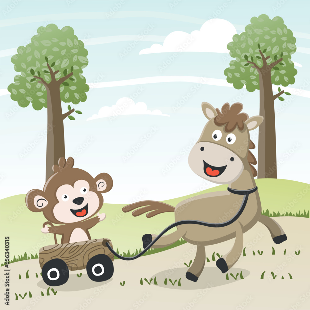 Happy horse and frend cartoon in the farm. Nature and country concept ...