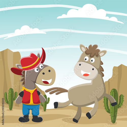 Vector cartoon illustration of happy cowboy and brown horse in the desert, T-Shirt Design for children. Creative vector childish background for wallpaper, poster and other decoration.