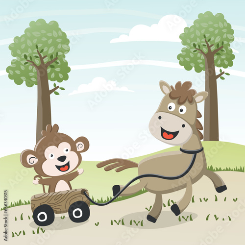 Happy horse and frend cartoon in the farm. Nature and country concept. Vector childish background for fabric textile  nursery wallpaper  card  poster and other decoration.