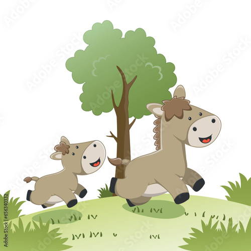 Happy horse and frend cartoon in the farm. Nature and country concept. Vector childish background for fabric textile, nursery wallpaper, card, poster and other decoration.