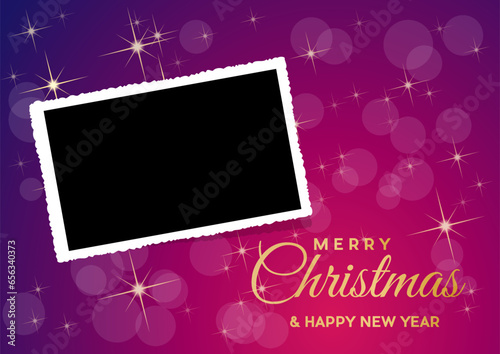 Christmas background with photo, blank frame. Vector template with picture to insert