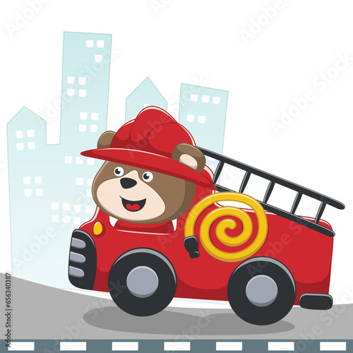 Cute Bear Firefighter Riding Fire Truck Cartoon Vector Icon Illustration. Animal Rescue Icon Concept Isolated Premium Vector. for kids print