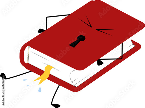 Closed red book with inaccessible information. Textbook cartoon character. Vector illustration