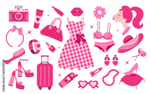 Glamorous trendy pink stickers set. Nostalgic barbiecore 2000s style collection. Used to create attractive jewelry, stationery.