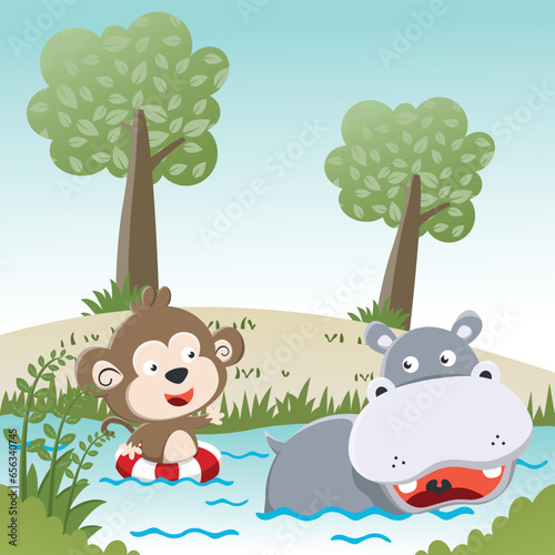 Cartoon wild animals concept  cute hippotamus and monkey in the swamp. Creative vector childish background for fabric  textile  nursery wallpaper  poster  card  brochure. and other decoration.