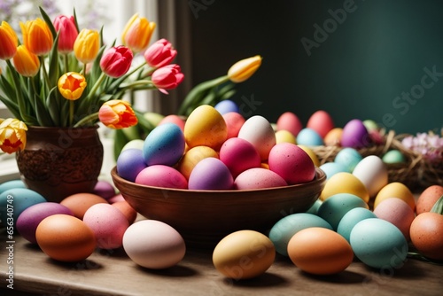 Colorful Easter eggs surrounded with tulips