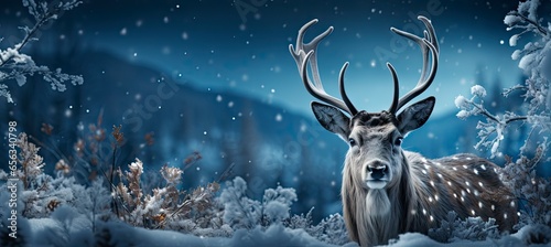 Christmas winter landscape with snow drifts, mountain village, deer, forest, pines, reindeer. Holiday nature background with fox, hills, houses. © Juan
