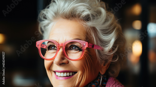 Elderly lady with glasses sporting a youthful look, embracing modern style and trends.