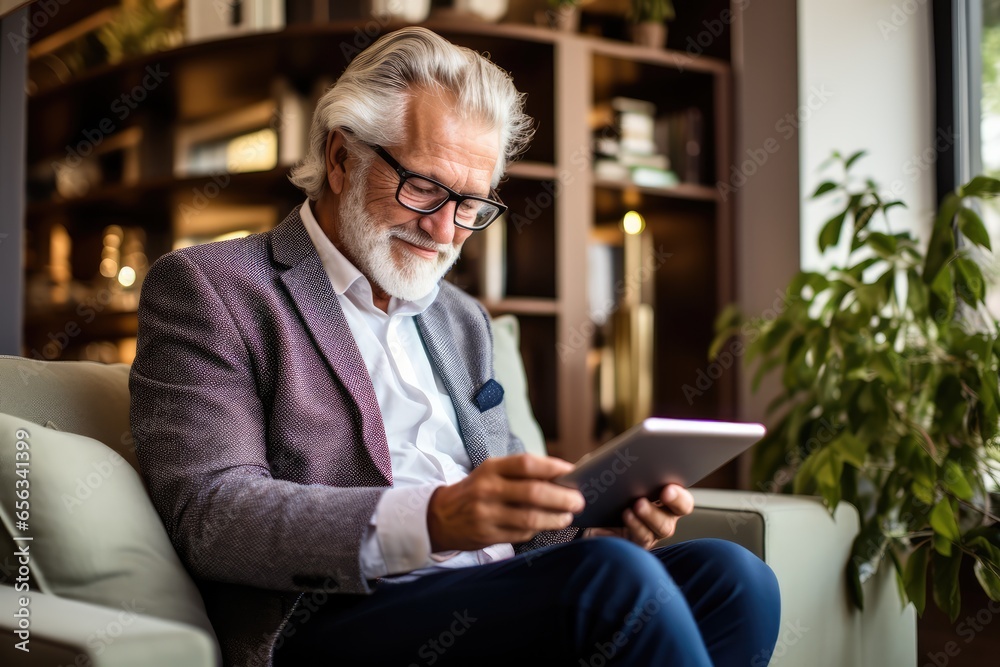 Elderly man reading news on a tablet - Digital media consumption across ages - AI Generated Elderly man reading news on a tablet - Digital media consumption across ages - AI Generated