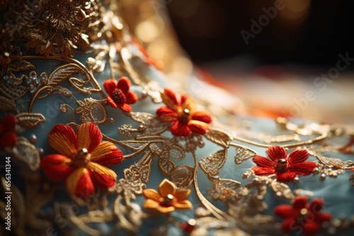 Intricate embroidery on a Bollywood star's dress - Detail in cultural fashion - AI Generated