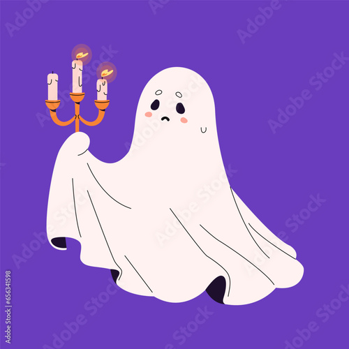 Sad ghost hold candelabra. Cute spook carry candle with fire, flame. Scared spirit with candlestick. Friendly phantom fly. Halloween character, helloween shadow. Flat isolated vector illustration