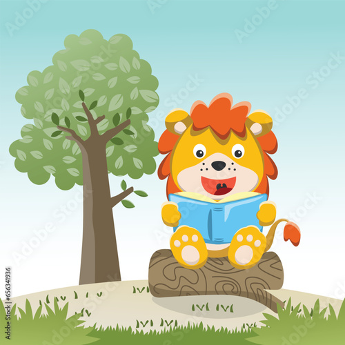 Illustration of funny lion sit on tree trunk reading a book. Creative vector childish background for fabric  textile  nursery wallpaper  poster  card  brochure. and other decoration.