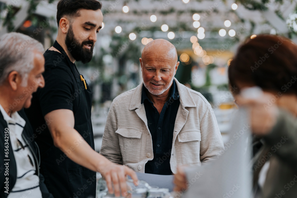 Male waiter serving water to senior man at restaurant Male waiter serving water to senior man at restaurant