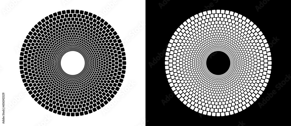Abstract background with rectangles in circle. Art design spiral as logo or icon. A black figure on a white background and an equally white figure on the black side.