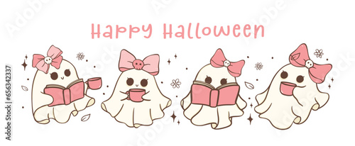 Cute and spooky pink Halloween ghost with coffee and book illustration banner.