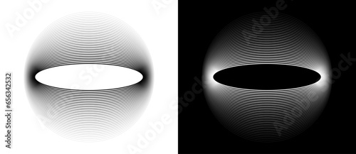 Circle abstract background. Illusion of dynamic transition. Black shape on a white background and white lines on the black side.
