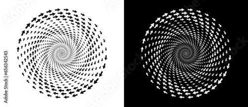Abstract background with arrows in circle. Art design spiral as logo or icon. A black figure on a white background and an equally white figure on the black side.
