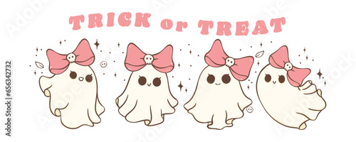 Cute Kawaii Pink Halloween Ghost Cartoon Character Doodle Vector Illustration Banner