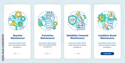 2D icons representing predictive maintenance mobile app screen set. Walkthrough 4 steps multicolor graphic instructions with linear icons concept, UI, UX, GUI template.