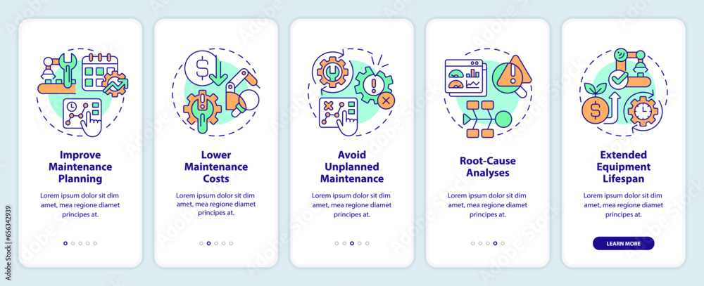 2D colorful icons representing predictive maintenance mobile app screen set. Walkthrough 5 steps graphic instructions with thin line icons concept, UI, UX, GUI template.