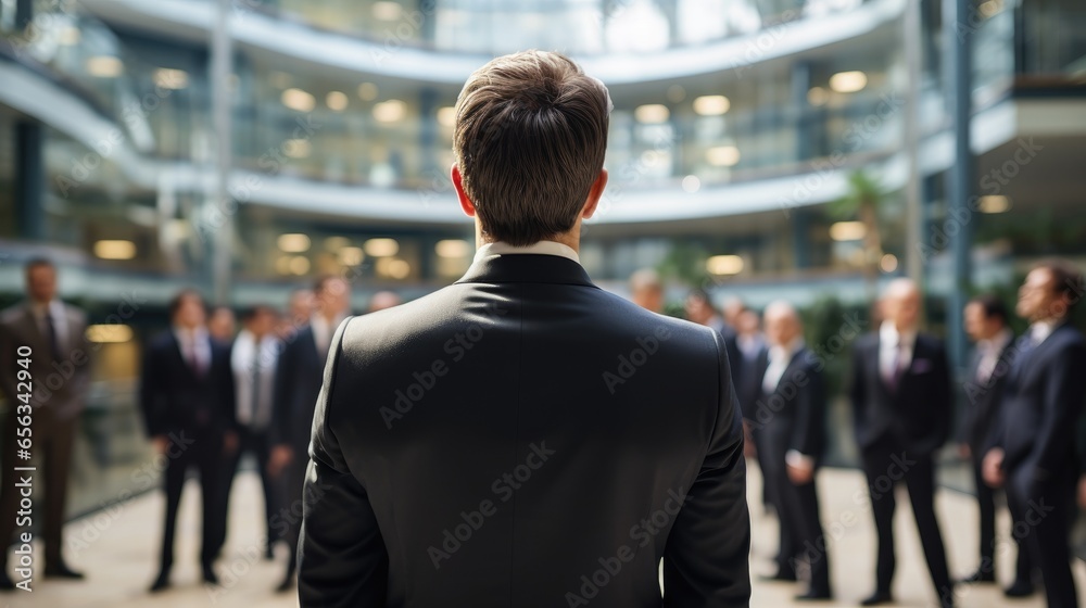 Back view of a businessman standing in front of his colleagues. Generative AI Back view of a businessman standing in front of his colleagues. Generative AI