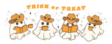 Halloween Ghosts with coffee in Cute Kawaii Cartoon Doodle Banner