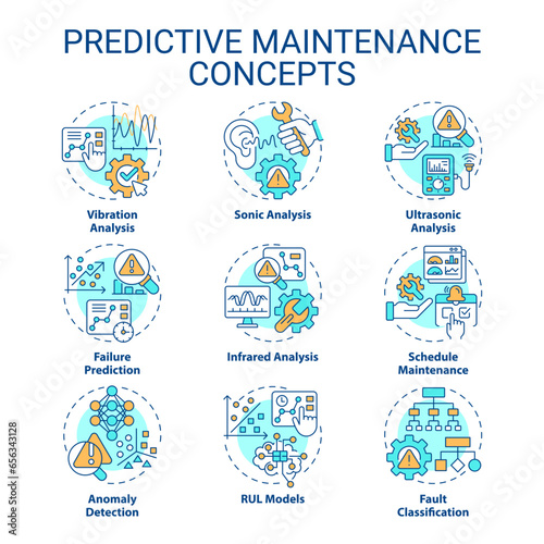 Set of 2D editable multicolor thin line icons representing predictive maintenance, isolated vector, linear illustration.