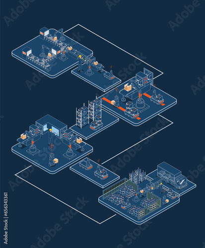 Logistics Warehouse Work Process Concept with Transportation operation service, Industrial Internet of Things and Autonomous Robot. Vector illustration EPS 10