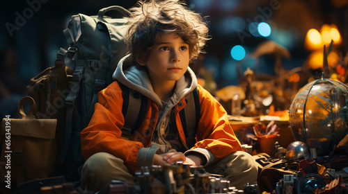 Boy in travel backpack.