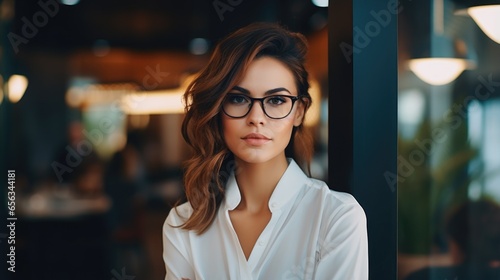 Businesswoman in a business suit and glasses. Portrait of a business lady. Successful woman.