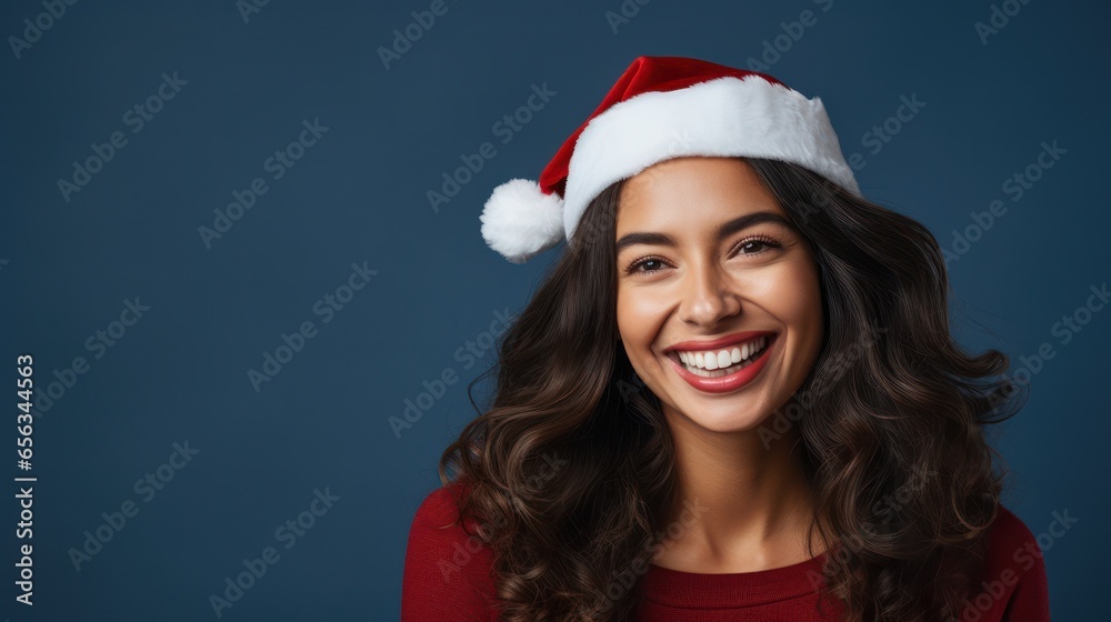 Beautiful woman in Santa Claus hat smiling and looking at camera. Beautiful woman in Santa Claus hat smiling and looking at camera.