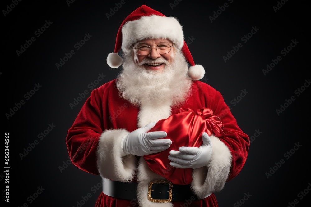 Naklejka premium Close up photo of positive cheerful santa claus looking in camera wearing a red costume hat on background.