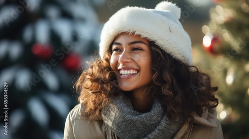 Beautiful woman in Santa Claus hat smiling and looking at camera.