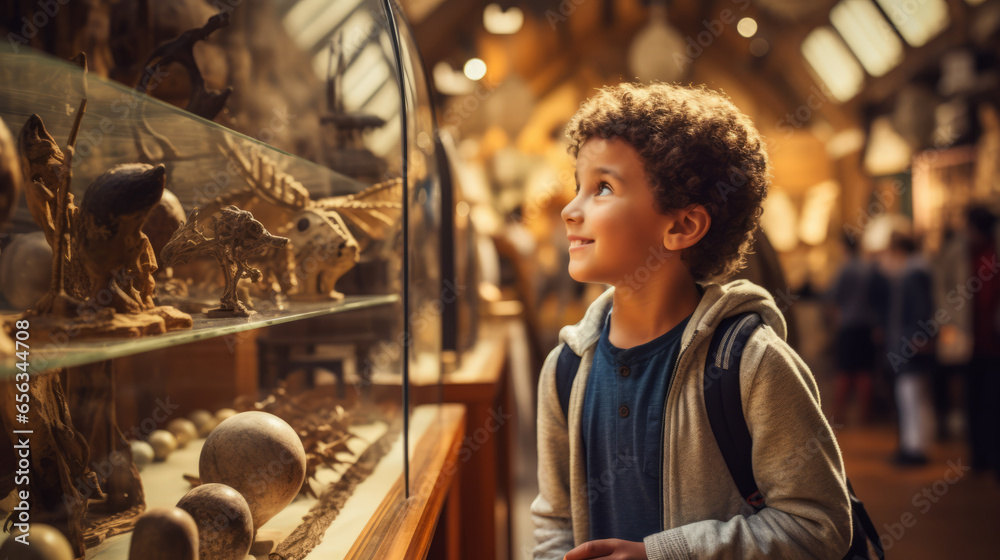 Young boy exploring a historical museum, captivated by artifacts and exhibits that transport him back in time, sparking his interest in history