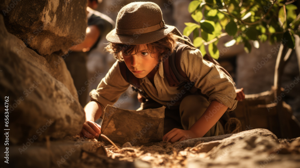 Young boy exploring an ancient archaeological site with a team of archaeologists. He discovers artifacts, assists in excavations, and delves into the mysteries of the past