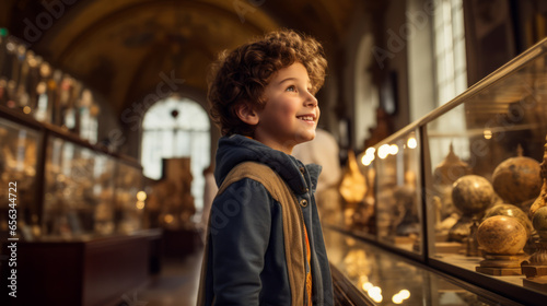 Young boy exploring a historical museum, captivated by artifacts and exhibits that transport him back in time, sparking his interest in history
