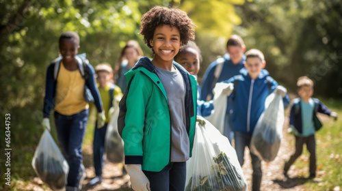 Young boy leading a group of friends in a community clean-up initiative. Armed with recyclable bags and gloves, they work together to clean local parks and streets, environmental responsibility