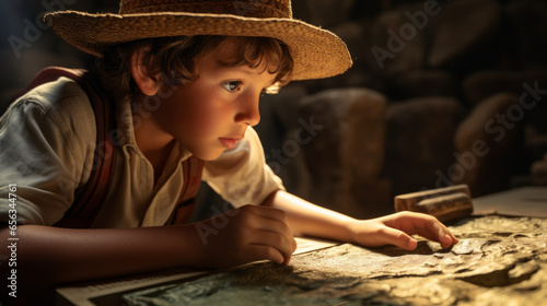 Young boy exploring an ancient archaeological site with a team of archaeologists. He discovers artifacts, assists in excavations, and delves into the mysteries of the past photo