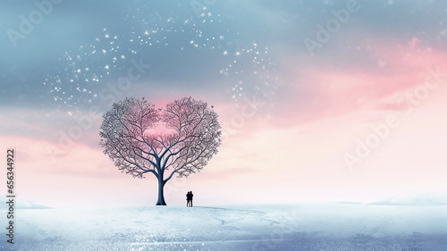 winter greeting card with a heart symbol, love relationship flirting, background with a copy space illustration art