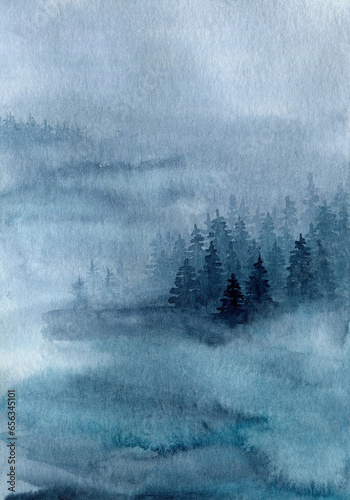 Watercolor winter forest landscape. Abstract painting of a spruce forest silhouette. Background of nature. 
