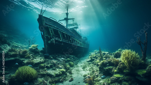 sunken ship landscape on the seabed, underwater view shipwreck artificial reef abstract fictional graphics © kichigin19