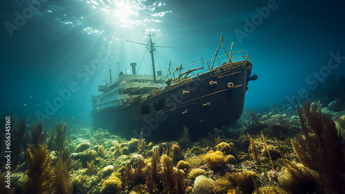 sunken ship landscape on the seabed, underwater view shipwreck artificial reef abstract fictional graphics